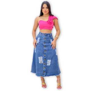 Saia Longa Jeans Com Botões Feminino Evangélica Azul