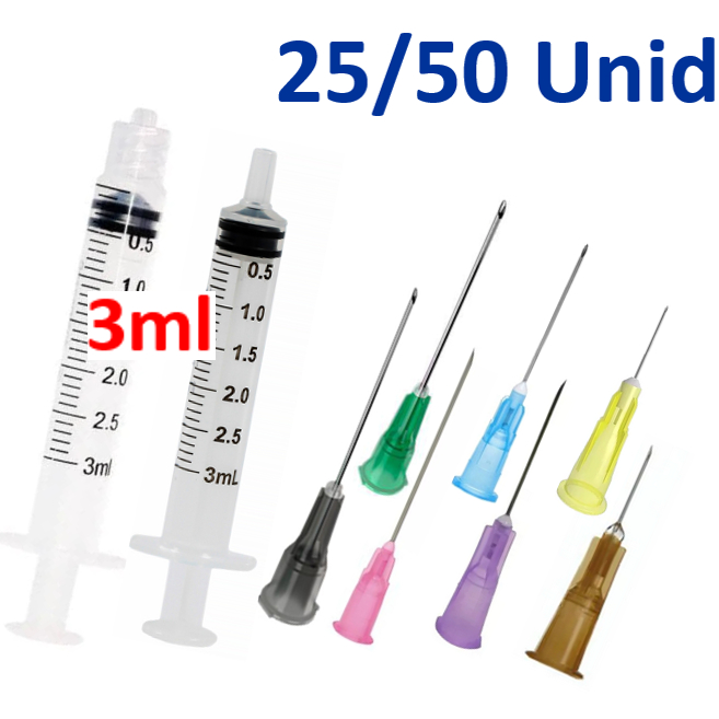 Seringa 3ml Rosca ou Liso C/ Agulhas - 25/50 Unidades de cada