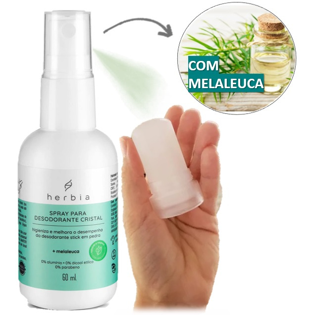 Spray Desodorante Cristal Natural melaleuca Herbia Stick pedra de sal vegano sem alumínio parabenos