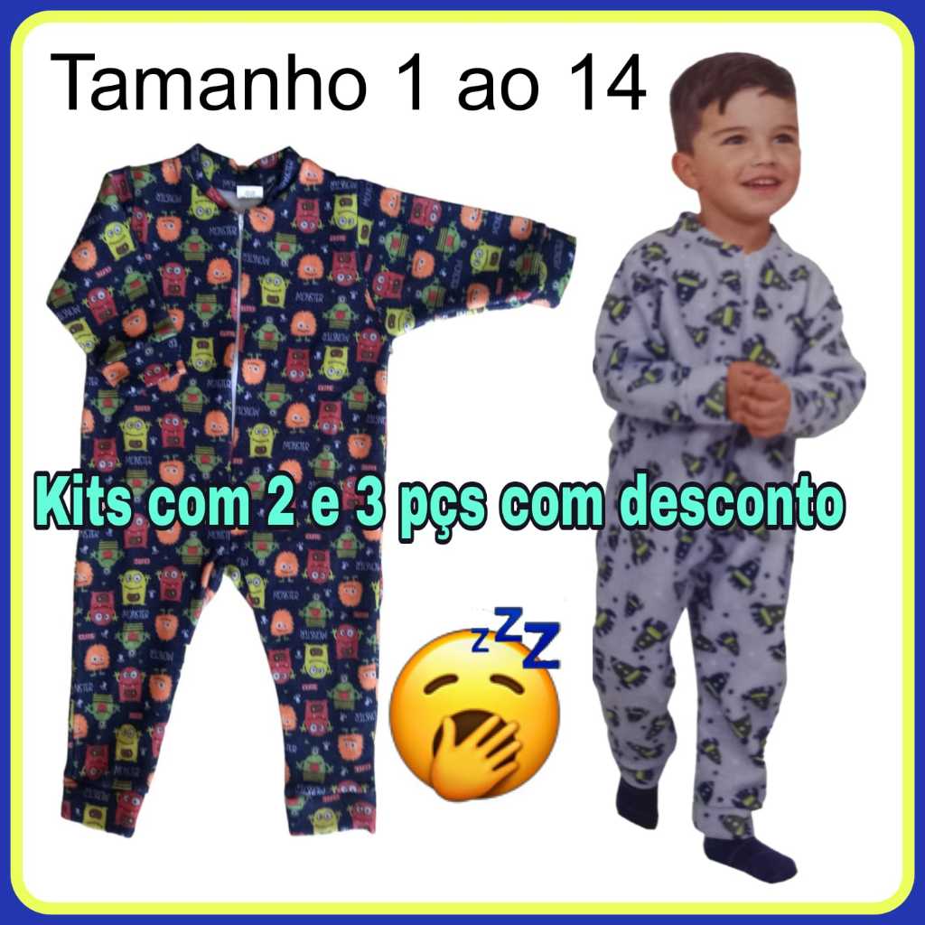Macacão unisoft com zíper pijama infantil masculino inverno 1 - 2 - 3 - 4 - 6 - 8 - 10 - 12 - 14