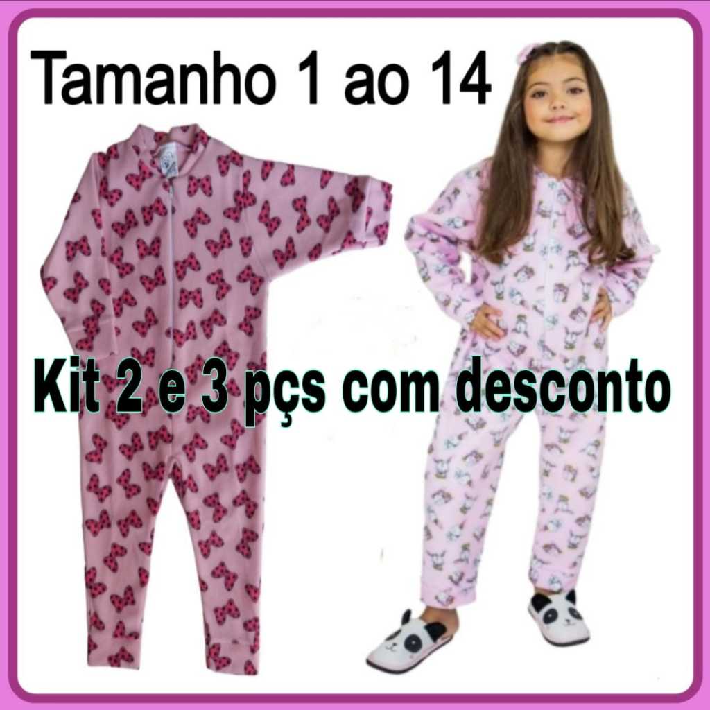 Macacão unisoft com zíper pijama infantil Feminino inverno 1 - 2 - 3 - 4 - 6 - 8 - 10 - 12 - 14