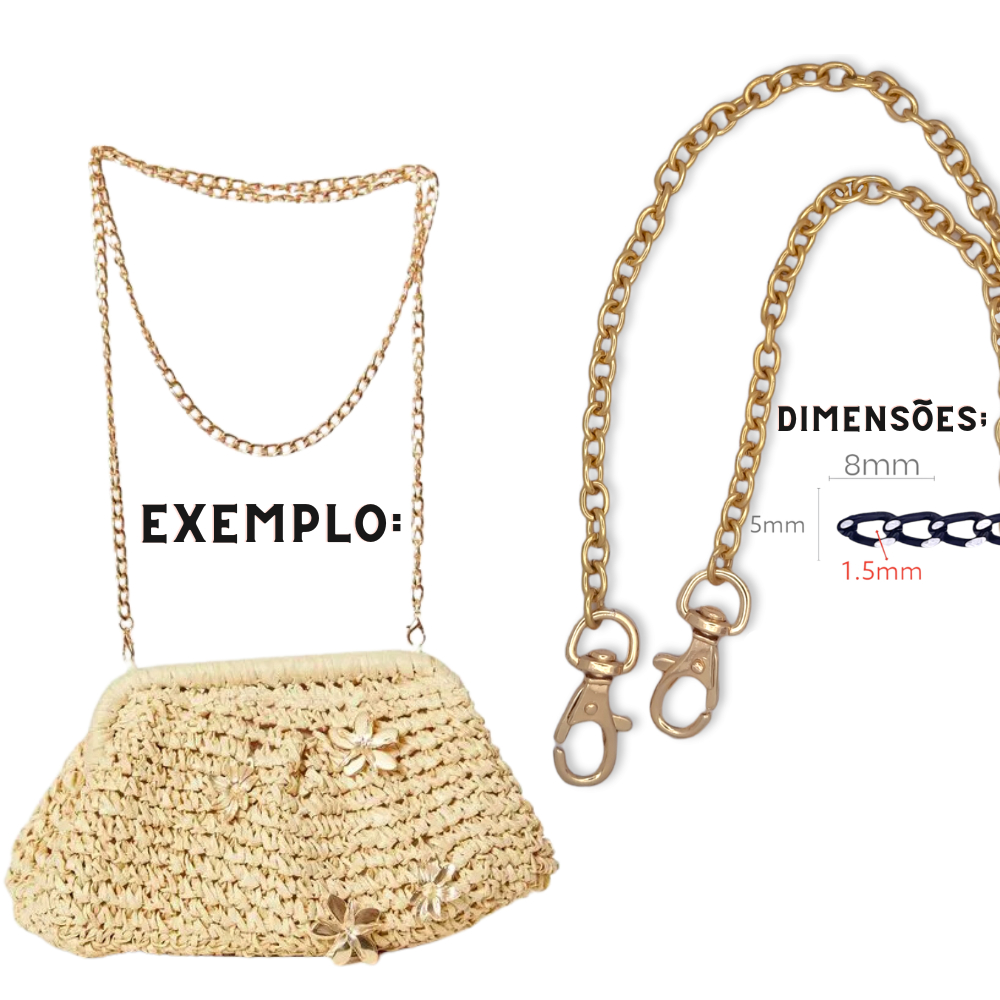 Alça Corrente Dourada, Prata ou Grafite para Necessarie e Bolsas Pequenas 1,00 ou 1,20 metro