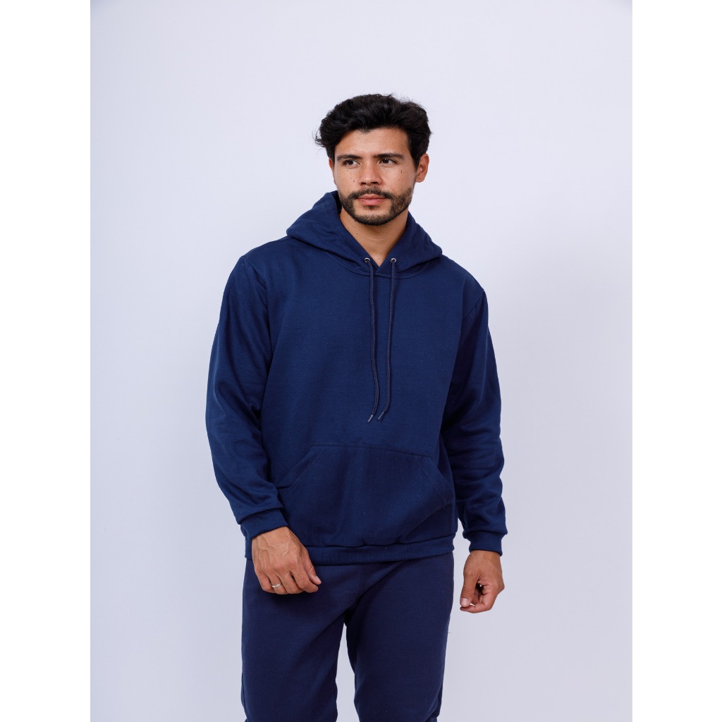 Kit Conjunto Moletom Canguru Flanelado Básico Esportivo Azul Marinho