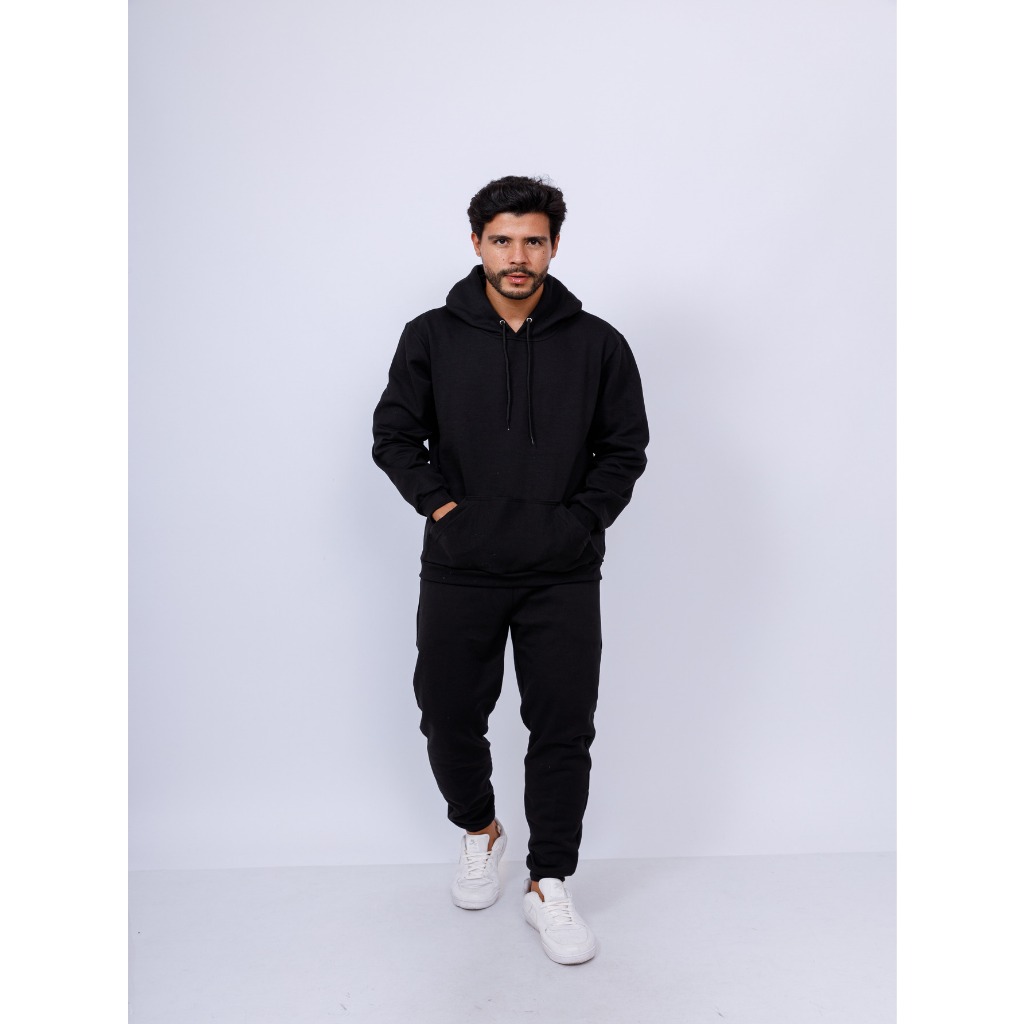 Kit Conjunto Moletom Canguru Flanelado Básico Esportivo Preto