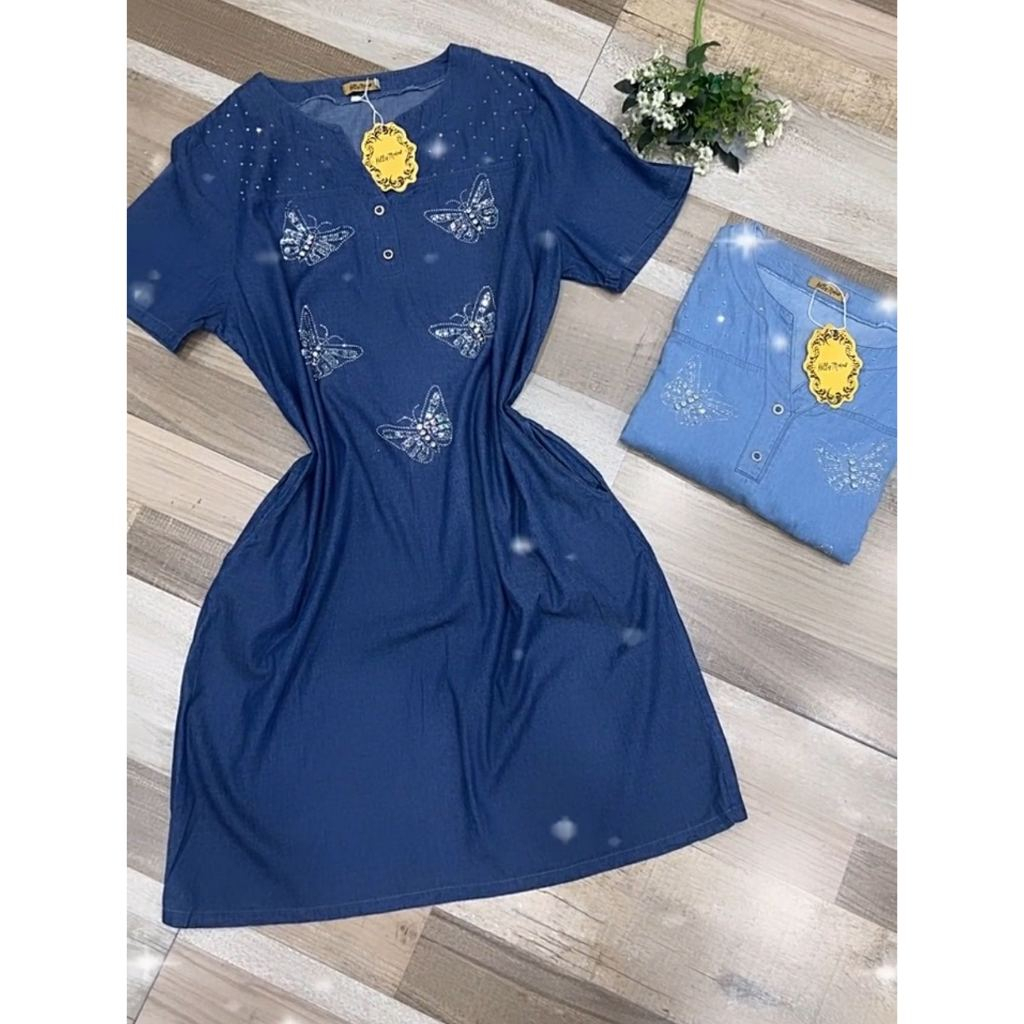 vestido curto jeans feminino pedraria borboleta