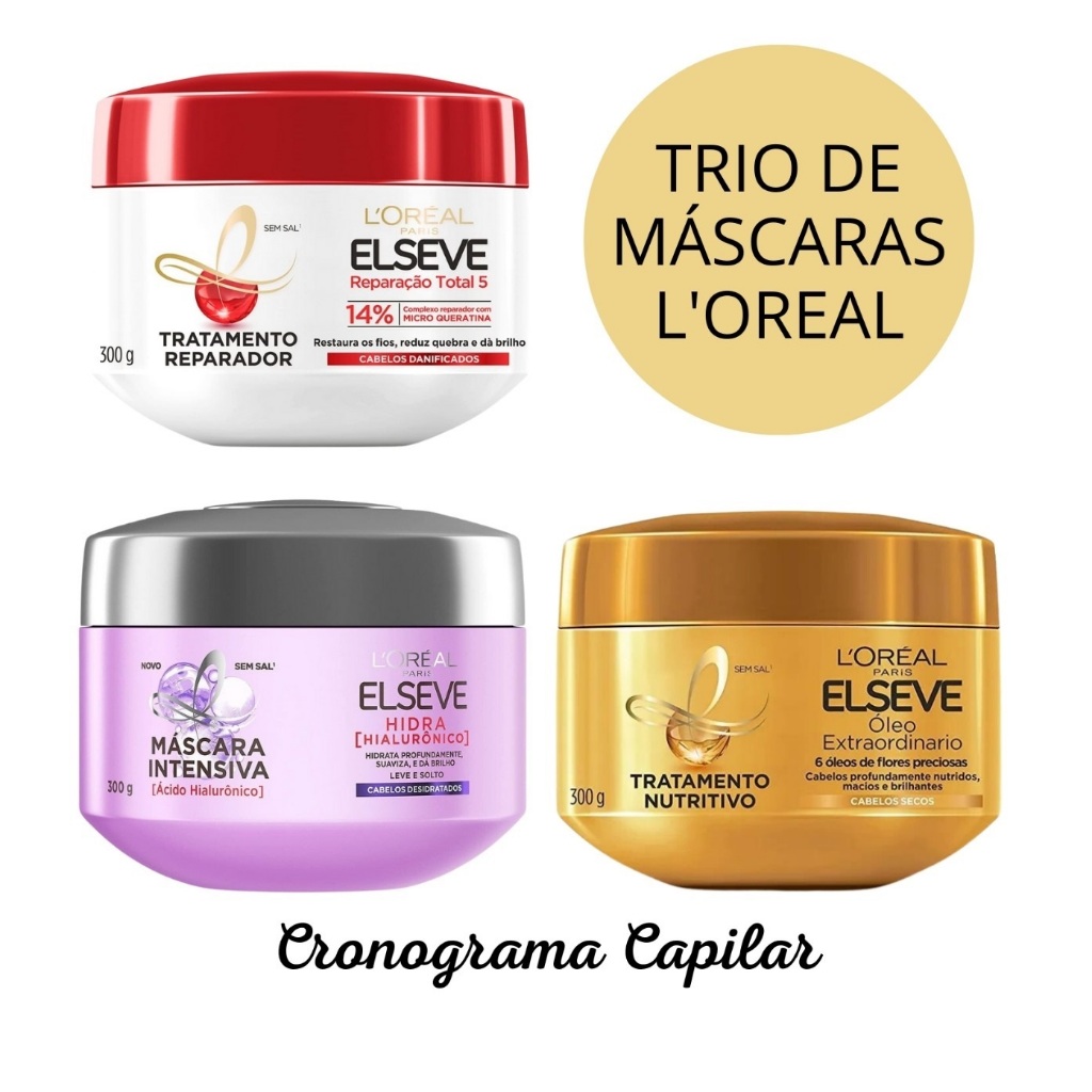 Cronograma Capilar Kit de Mascaras Elseve 300g (Reparação Total 5 + Óleo Nutrição + Hidra Hialurônico) - Envio imediato