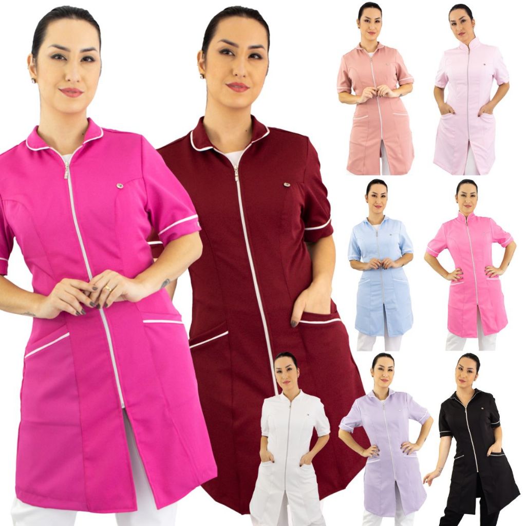 Jaleco Feminino Gola Padre Manga Curta Várias Cores BORDADO Profissional Nail Designer Salão de Beleza Esteticista Veterinária Consultório