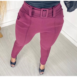 Calça Feminina Crepe Calca Com Cinto Forrado Skinny Cintura Alta Social Bolso