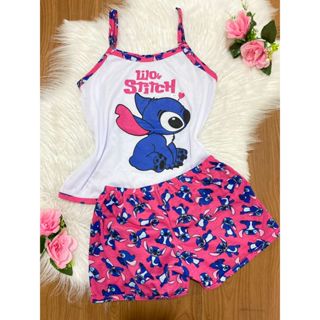 Baby Doll Pijama Feminino Adulto Malha Personagem Stitch Confortável Roupa de Dormir Verão