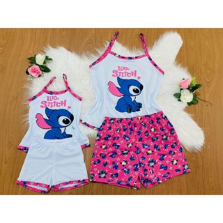 KIT Mãe e Filha 2 Conjuntos de Pijama Baby Doll Alça Estampado Lilo Stitch Disney