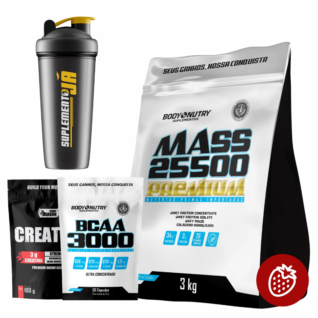 Suplemento Hipercalórico - Mass 25500, 3kg + BCAA 3000 + Creatina 100g + Coqueteleira 600ml em Oferta na Shopee