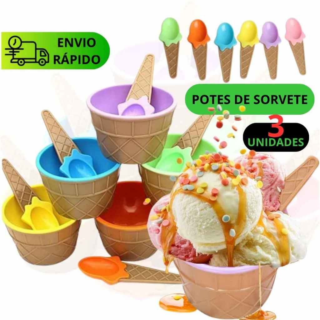 Kit Com 3 Potes Potinhos Plástico Para Sorvetes e Sobremesas Com Formato de Casquinha Para Açai e Sorvete