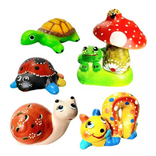Kit Enfeite Decoração De Jardim Em Cerâmica 5 Peças Caracol Centopéia Cogumelo Tartaruga e Joaninha