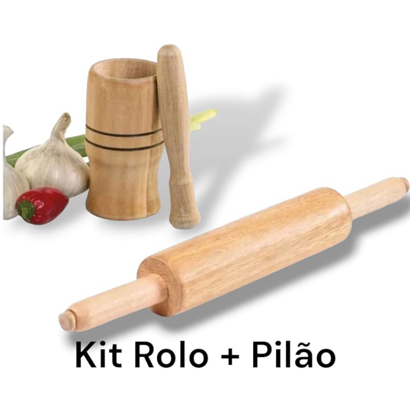 kit 2 Peças Rolo De Madeira Grande Massa Pastel Macarrão Pizza Pão Artesanal 1 Pilão Socador De Alho Cebola Bar Cozinha Restaurante Padaria Panificadoras Madeira Multiuso Doméstico