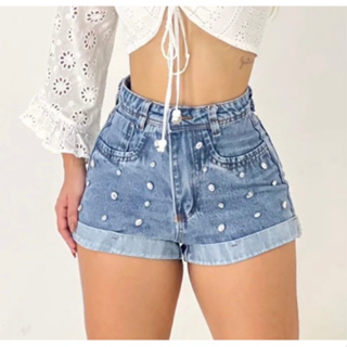 SHORT JENAS FEMININA PEDRARIA CINTA ALTA em Oferta na Shopee