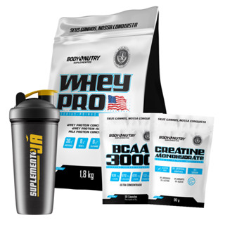 Kit Suplemento - Whey Pro, 1,8 kg (Whey) + Creatina MonoHydrate 90g + BCAA, 50 cáps + Coqueteleira 600ml