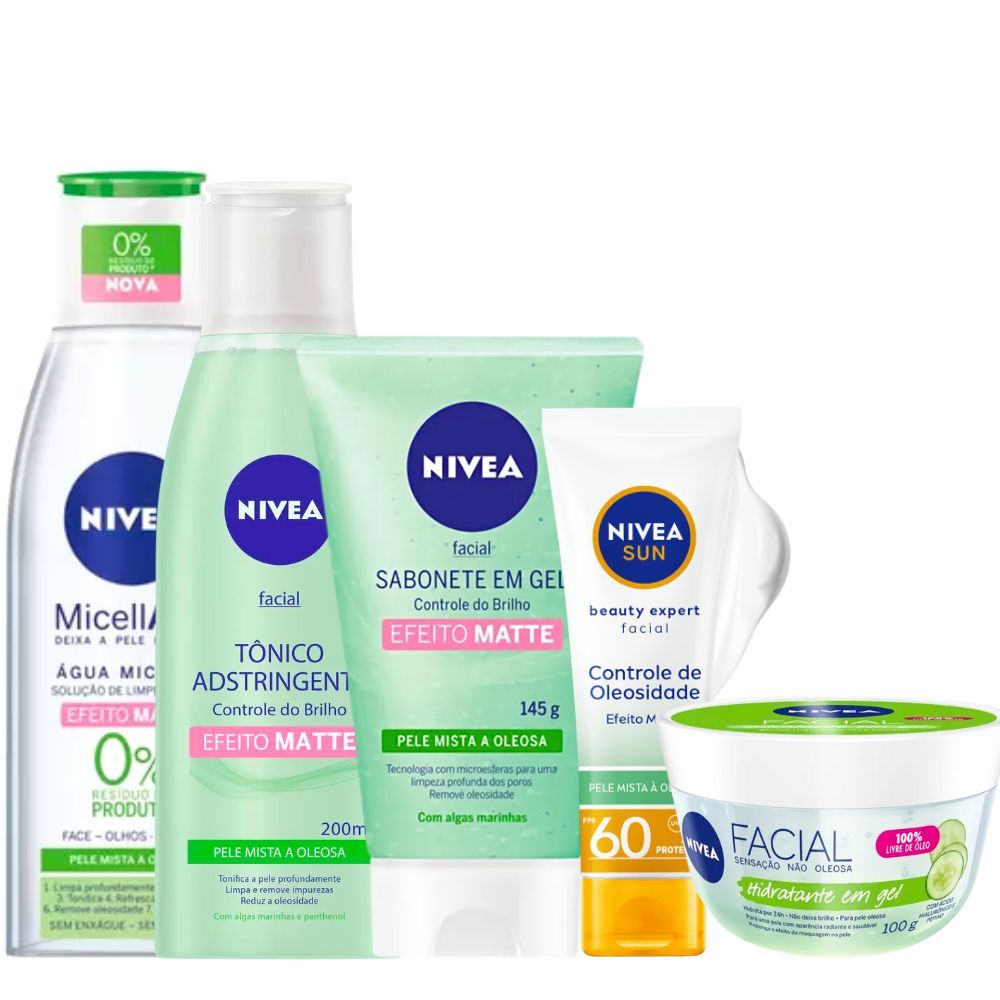 Agua Micelar + Sabonete 145g + Tônico Adstringente + Filtro Solar FPS 60 Sem Cor + Gel Nivea Facial