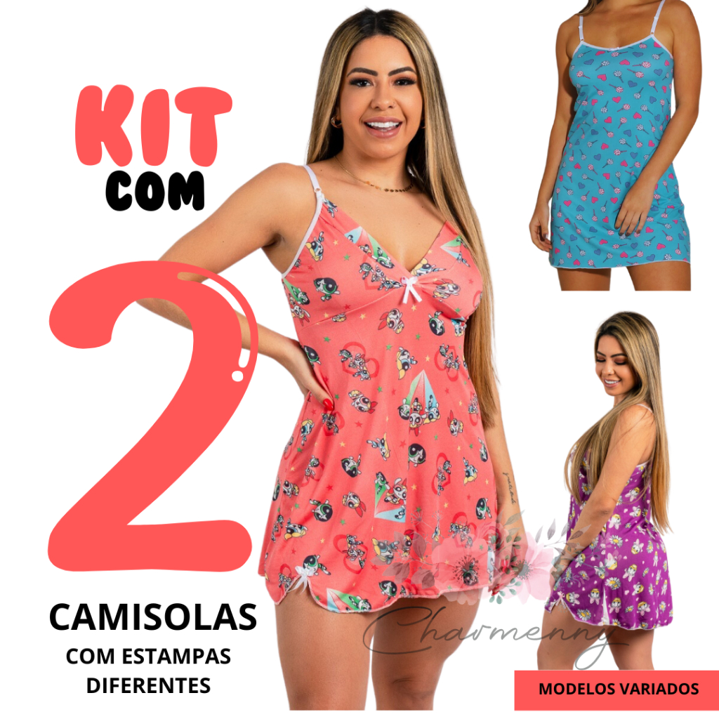 Kit com 2 Camisolas Estampada Adulto Pijama Feminino  Sexy Camisola personagen