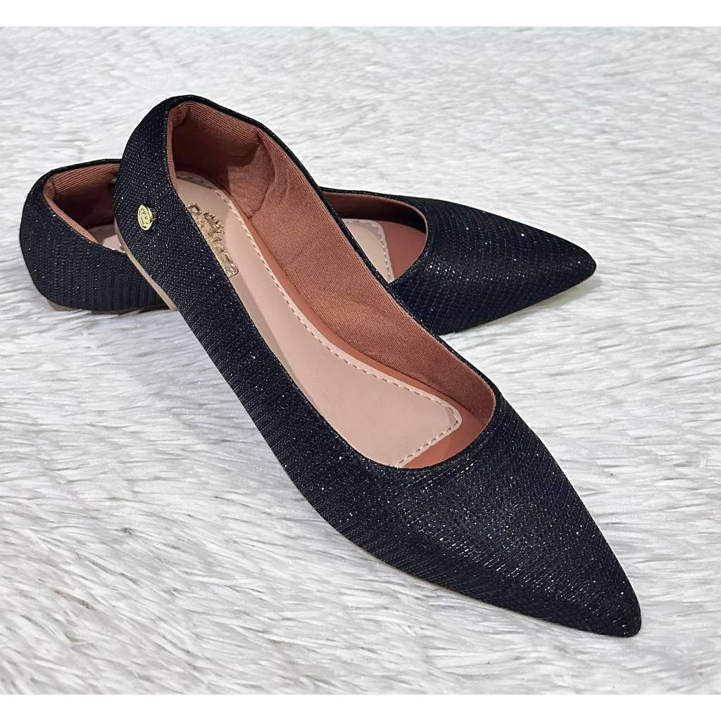 Sapatilha Feminina Bico Fino Alongado Gliter Preto Luxo Festas Casamentos