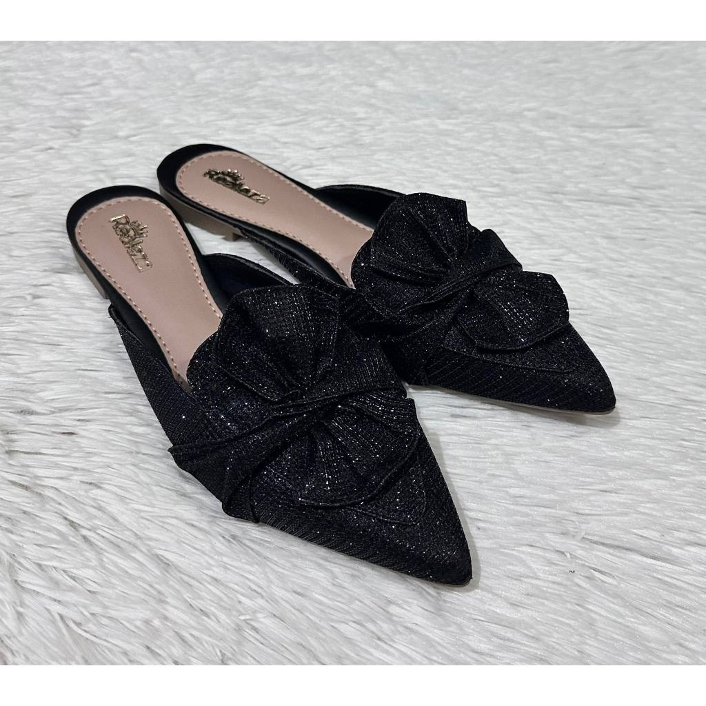Mule Sapatilha Feminina Gliter Preto Brilho Laço Luxo Festas