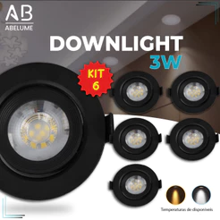 Kit 6 Luminária Spot Led Redondo Direcionável 3W Embutir Gesso Teto Preto | Branco Frio 6500K | Branco Quente 3000K Bivo