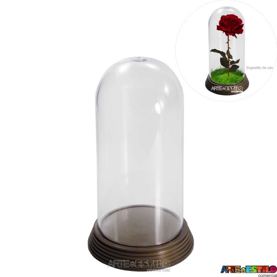 Redoma Cúpula Cápsula em Acrílico com Base Ouro Envelhecido tamanhos P 11 cm,  M 15 cm e G 19 cm