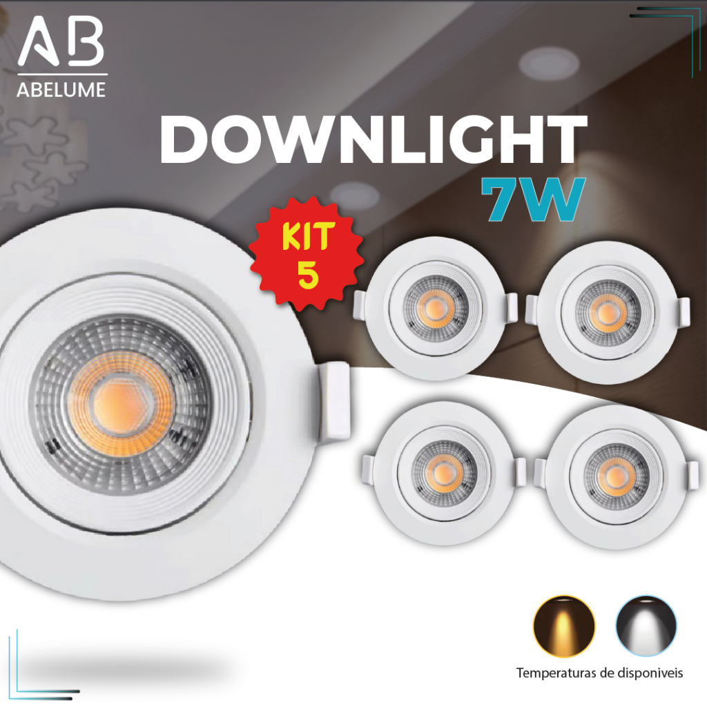 Kit 5 Luminária Spot Led Redondo Direcionável 7W Embutir Gesso Teto | Branco Frio 6500K | Branco Quente 3000K Bivolt - Home & Living