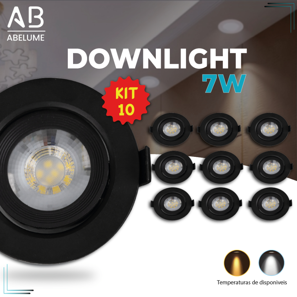 Kit 10 Luminária Spot Led Redondo Direcionável 7W Embutir Gesso Teto Preto Bivolt