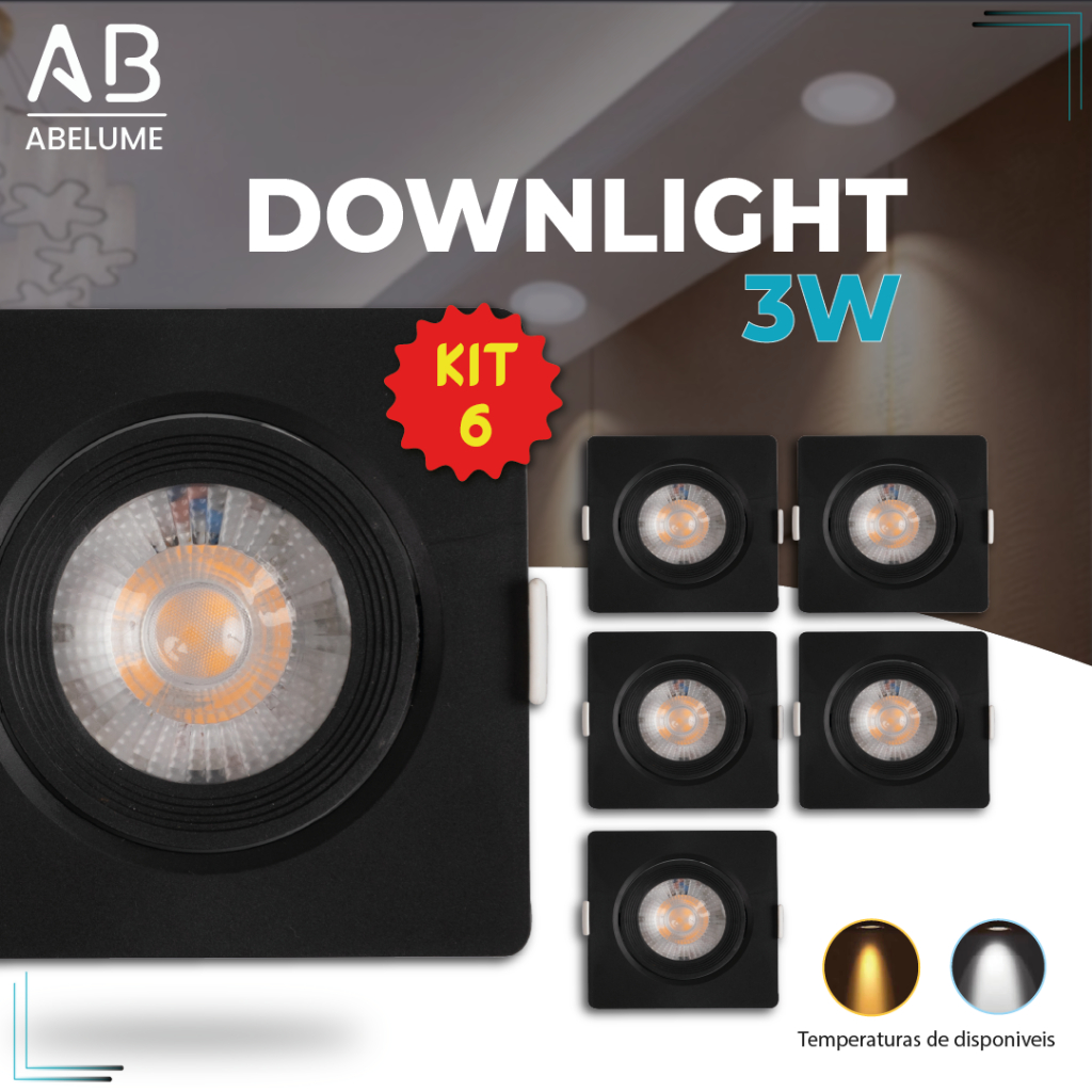 Kit 6 Luminária Spot Led Quadrado Direcionável 3W Embutir Gesso Teto Preto | Branco Frio | Branco Quente Bivolt em Oferta na Shopee