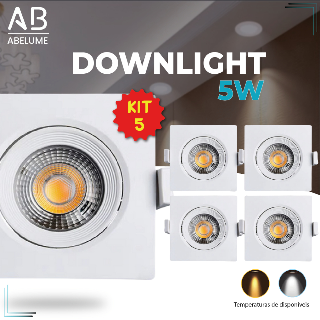 Kit 5 Luminária Spot Led Quadrado Direcionável 5W Embutir Gesso Teto  | Branco Quente 3000K (Luz Amarela) | Branco Frio 6500K (Luz Branca) Bivolt Spot Pronta Entrega Super LED - Home & Living