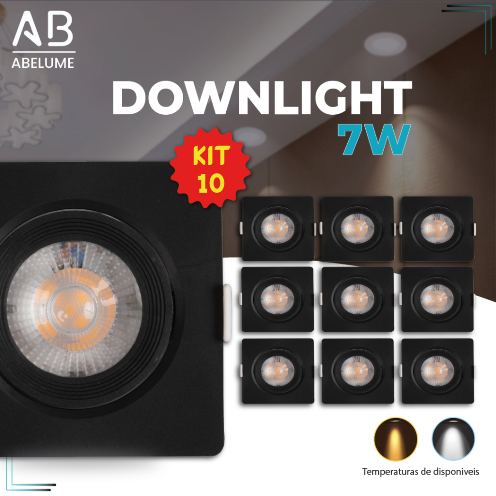 Kit 10 Luminária Spot Led Quadrado Direcionável 7W Embutir Gesso Teto Preto | Branco Frio 6500K (Luz Branca) | Branco Quente 3000K (Luz Amarela) Bivolt Spot Super LED Pronta Entrega