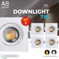 Kit 5 Luminária Spot Led Quadrado Direcionável 7W Embutir Gesso Teto| Branco Quente 3000K(Luz Amarela) | Branco Frio 6500K (Luz Branca) Bivolt Spot Pronta Entrega Super LED