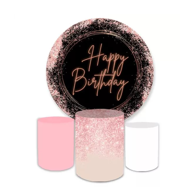 Trio Capa Cilindros Veste Fácil + Capa Painel Redondo C/ Elástico Happy Birthday Preto Com Rosa Glitter em Oferta na Shopee