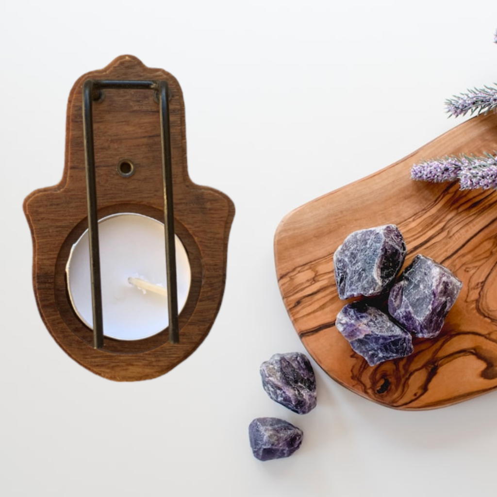 Incensário para PALO SANTO Original Modelo Mão de Hamsa - Protetor + 1 Lasca de Palo Santo + 1 Vela