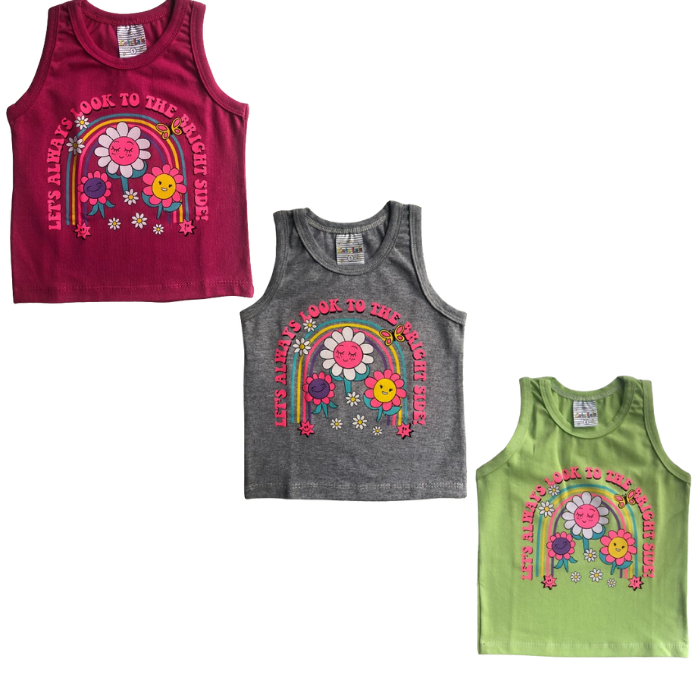 Regata Bebê Menina Estampa Flor Regatinha Infantil Cato Lele Bebe Pink Cinza Verde Tamanho 1 2 3 Feminino  REF:2303