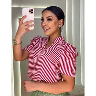 Blusa listrada gola v e bufantes nas mangas evangélica e social M0