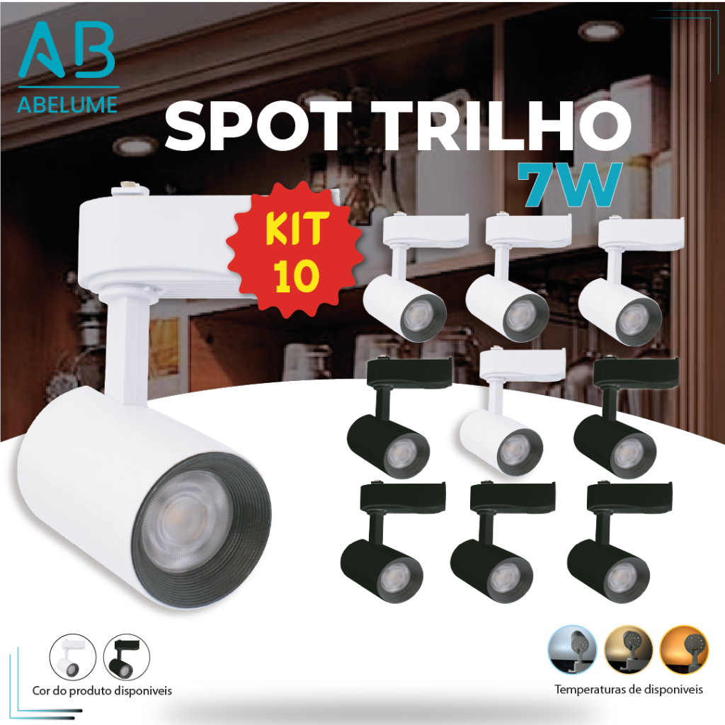 Kit 10 Spot para Trilho 7w Preto | Branco | Luz Branco Frio 6500K [BRANCO] | Branco Neutro 4200K [BRANCO] | Branco Quente 3000K [AMARELO] - Home & Living