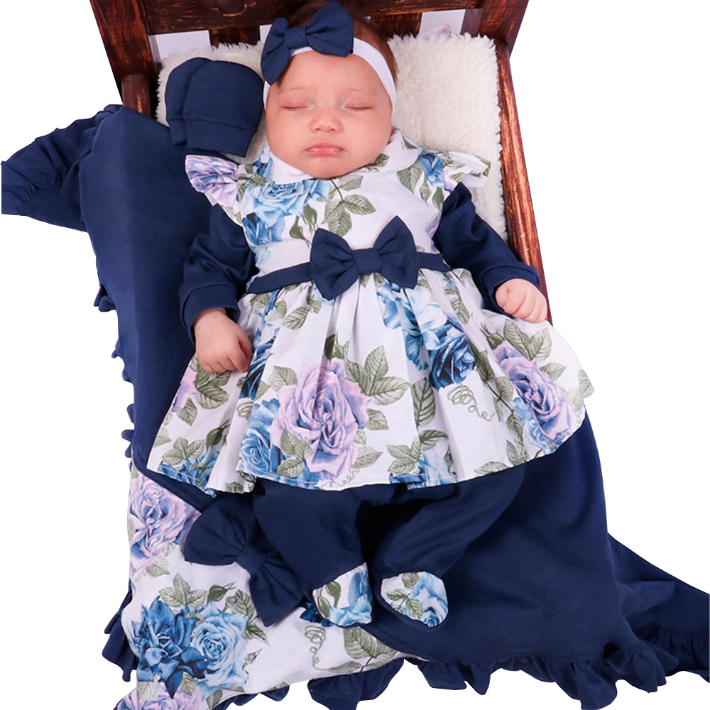 Saída de Maternidade Menina Aconchego Milena Floral Marinho 05 Peças
