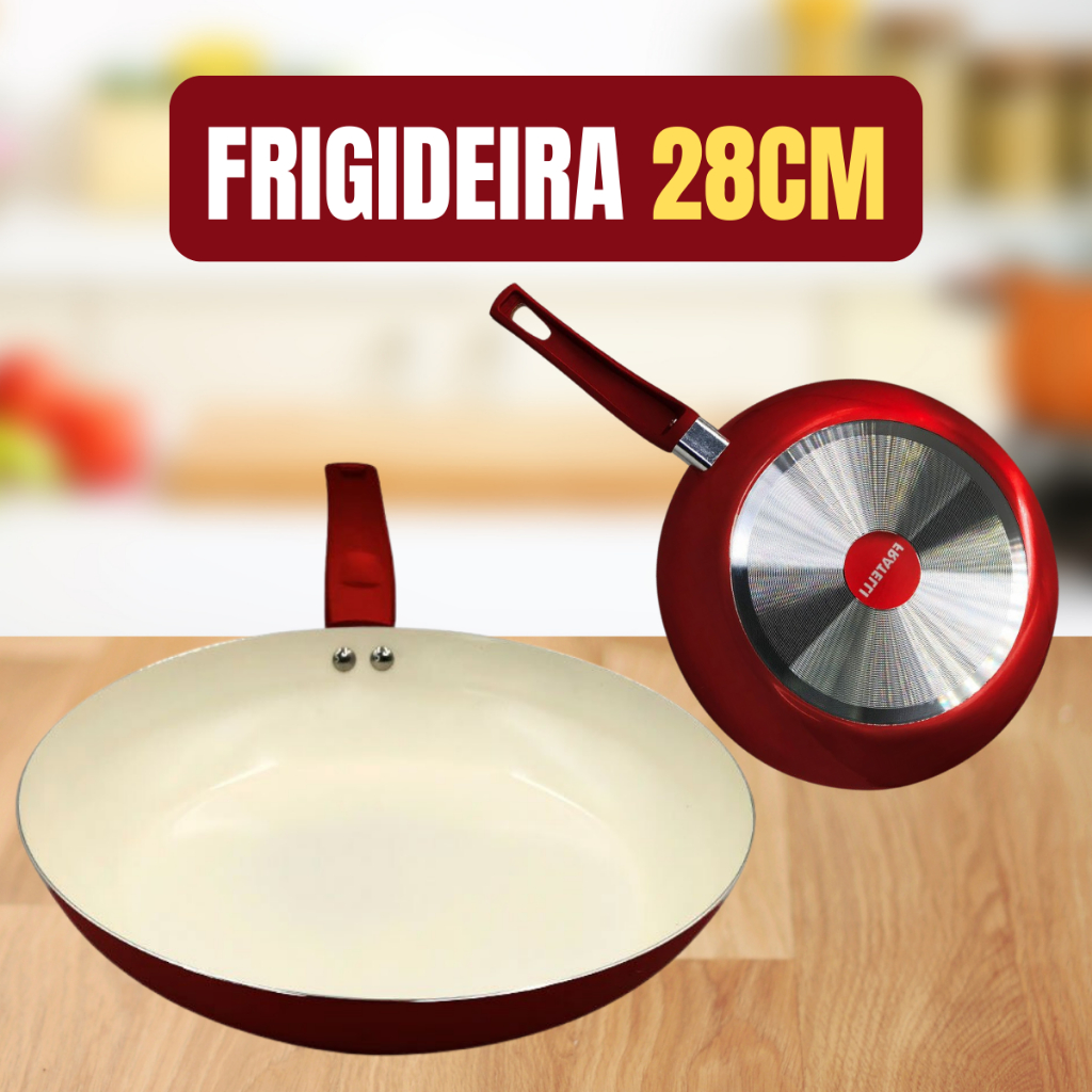 Frigideira Vermelha 28cm com Revestimento em Cerâmica Antiaderente Cabo Reforçado Não Gruda Cozinha Moderna