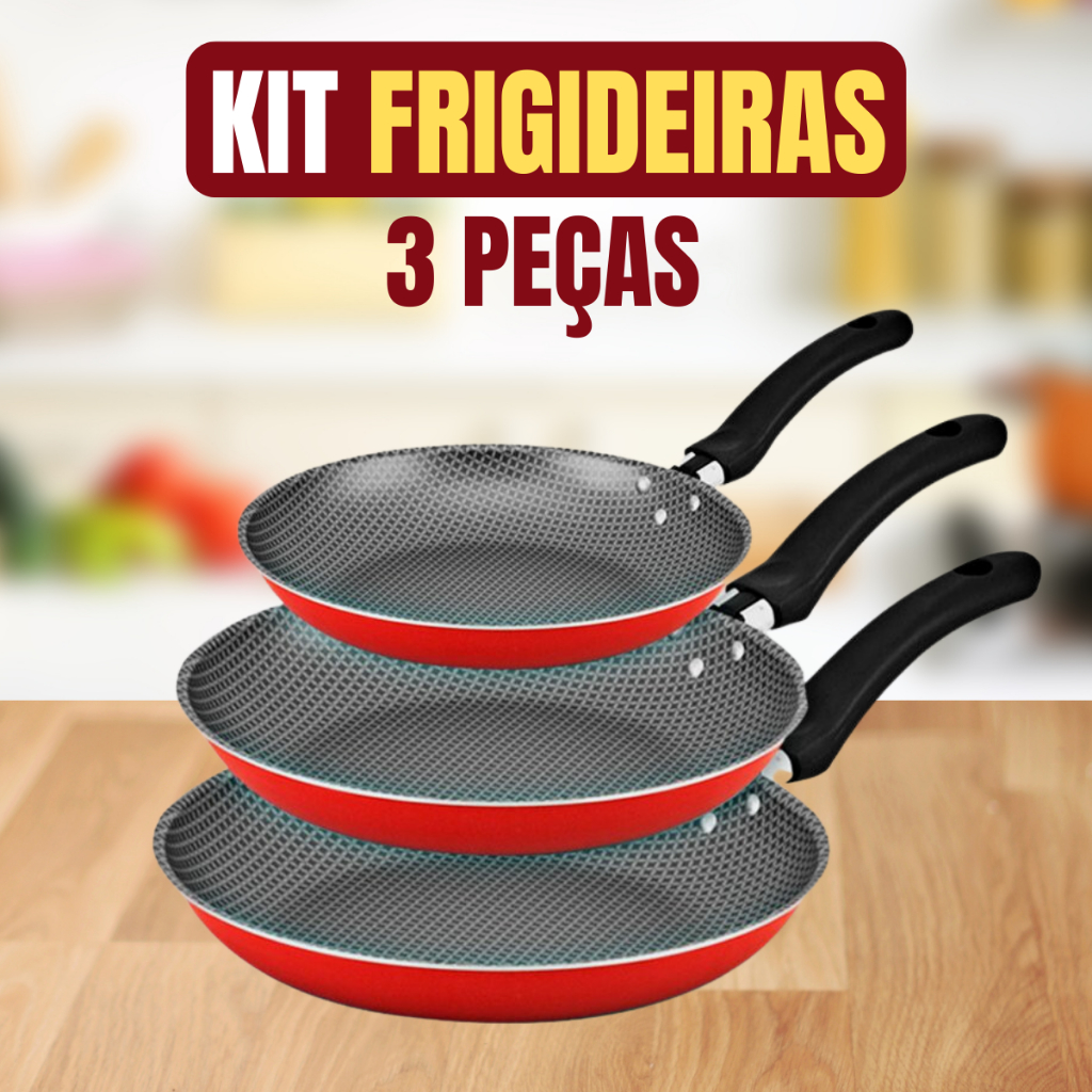 Conjunto 3 Frigideiras Antiaderente Vermelho Cereja Não Gruda Sem Óleo Cozinha Panela Premium Luxo Cabo Reforçado Kit 16cm 20cm 24cm