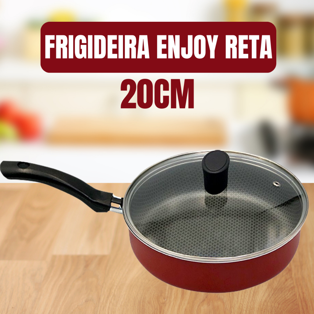 Frigideira Enjoy Reta 20cm com Tampa de Vidro Antiaderente Não Gruda Sem Óleo Resistente Cozinha Moderna Panela Vermelha Premium