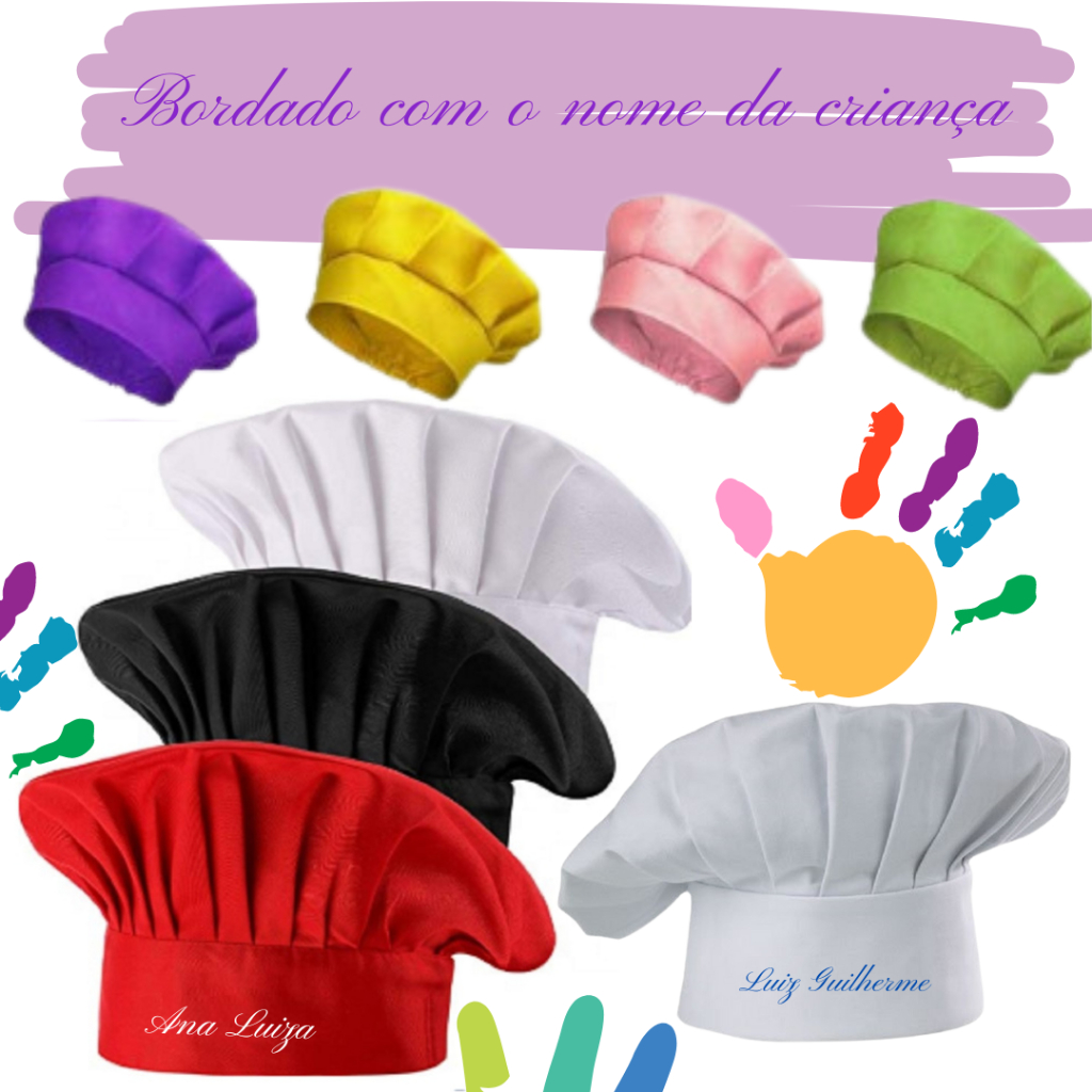 Chapéu mini chef BORDADO ,infantil criança 3 a 6 anos,em tecido luxo,escola,gourmet,cozinha,arte,unifome,farda,aula