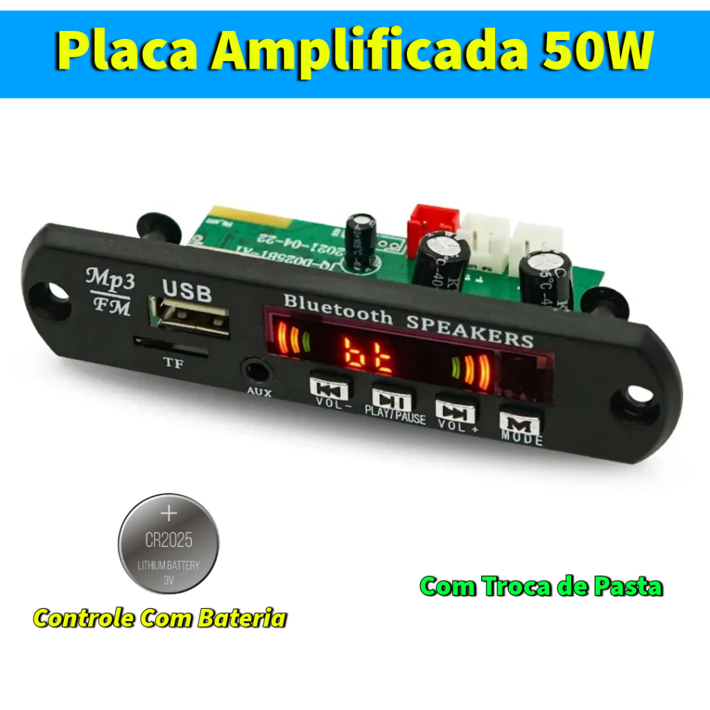 Placa Decodificadora Amplificada 50W de som 2x25W 12V