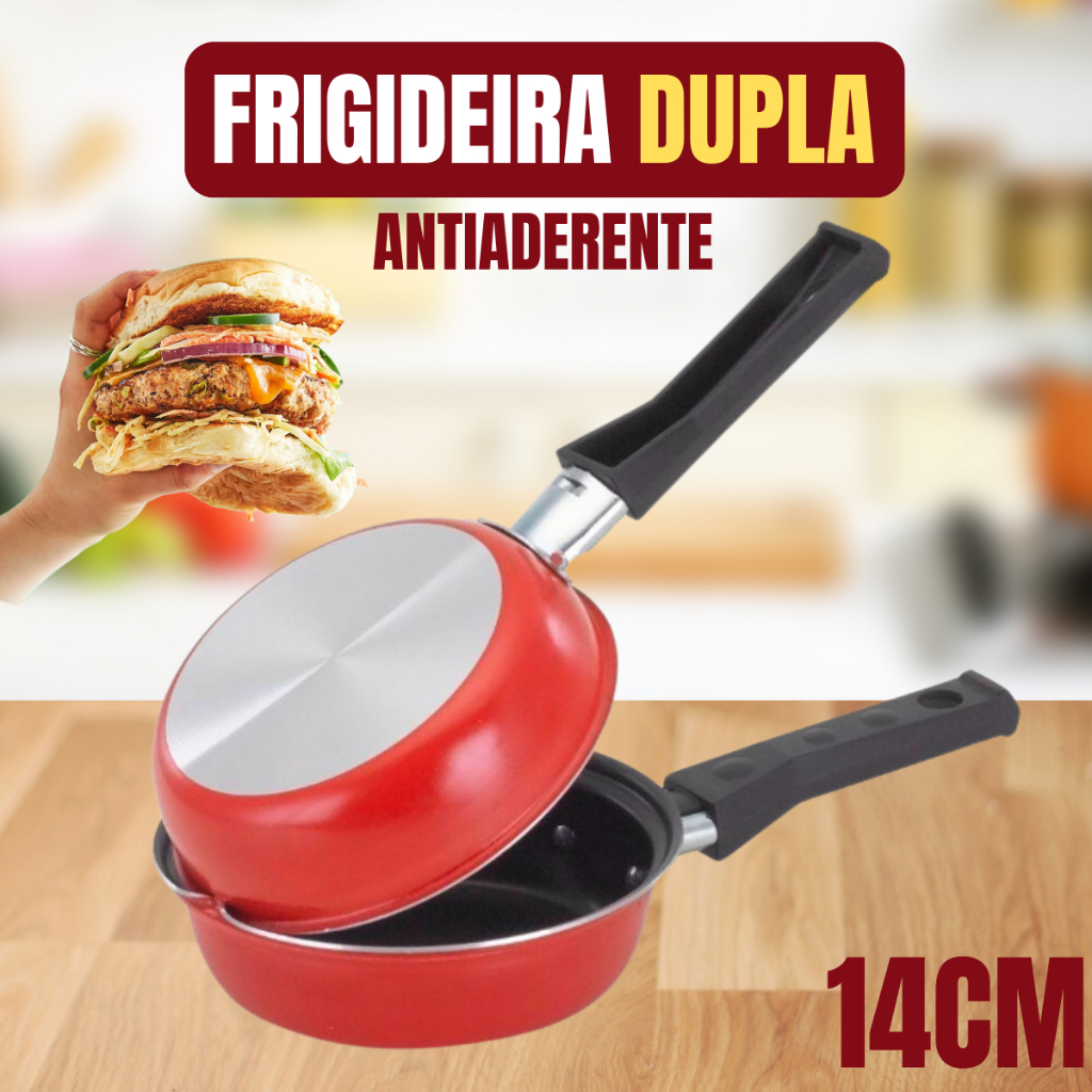 Frigideira Dupla 14cm Antiaderente Não Gruda Sem Óleo Hamburgueira Omeleteira Panquequeira Panela Premium Luxo Cozinha