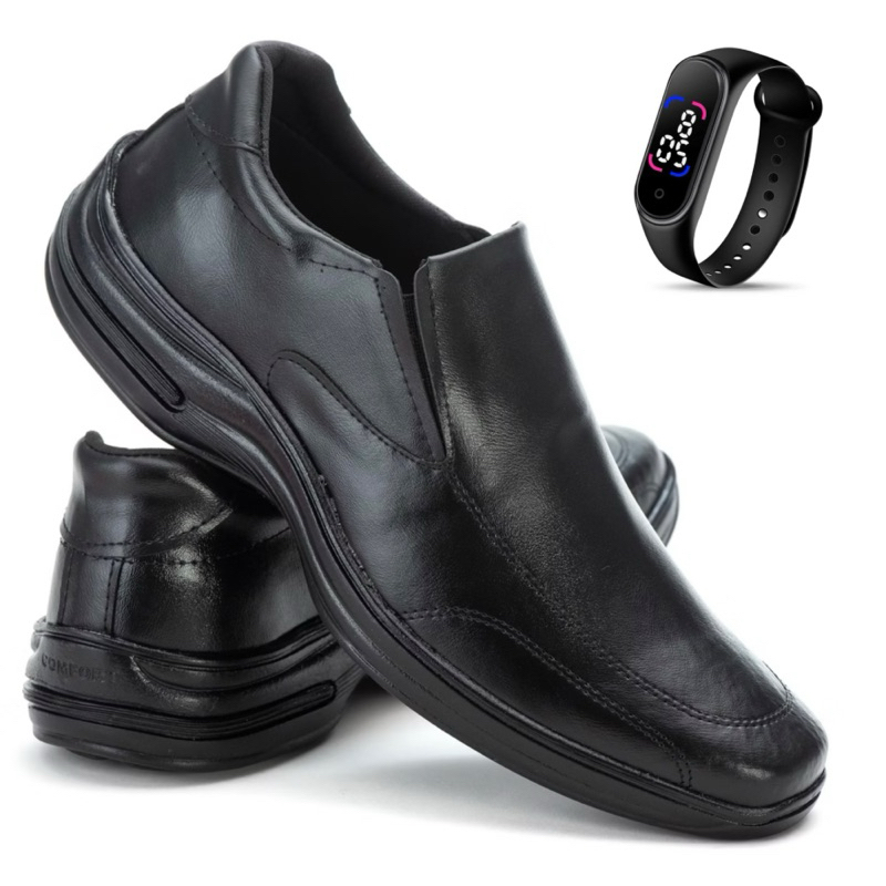 Sapato Social Masculino Ortopédico Macio De Couro Legitimo Costurado Moderno Super Leve Com Elástico Ajustável + Relógio em Oferta na Shopee
