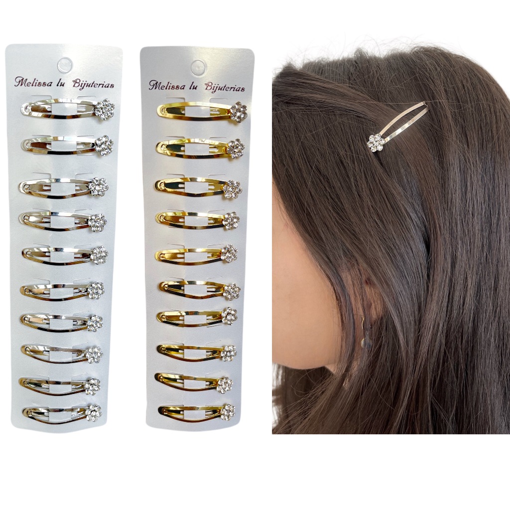 10 Presilhas Para Cabelo Tic Tac Metal Pedra Strass Flor Prateada Dourada em Oferta na Shopee