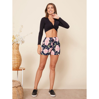 Short feminino estampado com bolsos laterais e elástico na cintura em Oferta na Shopee