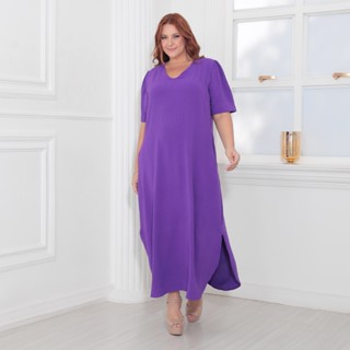 Vestido Longo Manga Curta Plus Size Soltinho Decote V