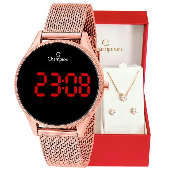 Relógio Champion Feminino Digital Rosê Led Vermelho + Kit Colar e Brincos Original À Prova...