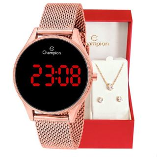 Relógio Champion Feminino Digital Rosê Led Vermelho + Kit Colar e Brincos Original À Prova d